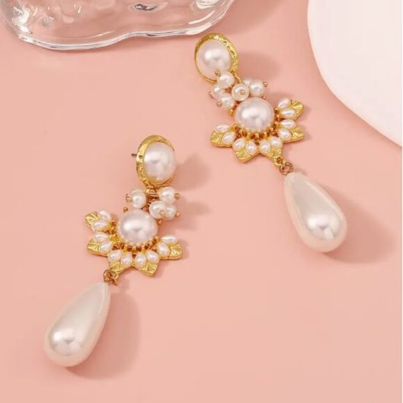 NEW Monad Ornate Gold and Pearl Drop Statement Earrings - Picture 3 of 5